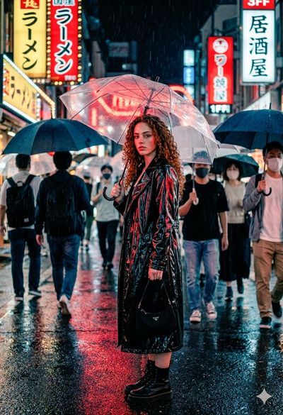 A street-style icon in Tokyo rain holds a neon-lit umbrella