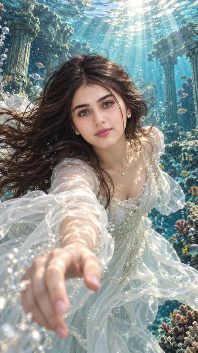 Woman floats underwater in white gown amid sunlit ruins