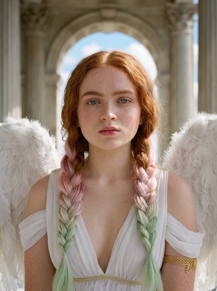 Angelic figure sits on marble floor with pastel braids and wings