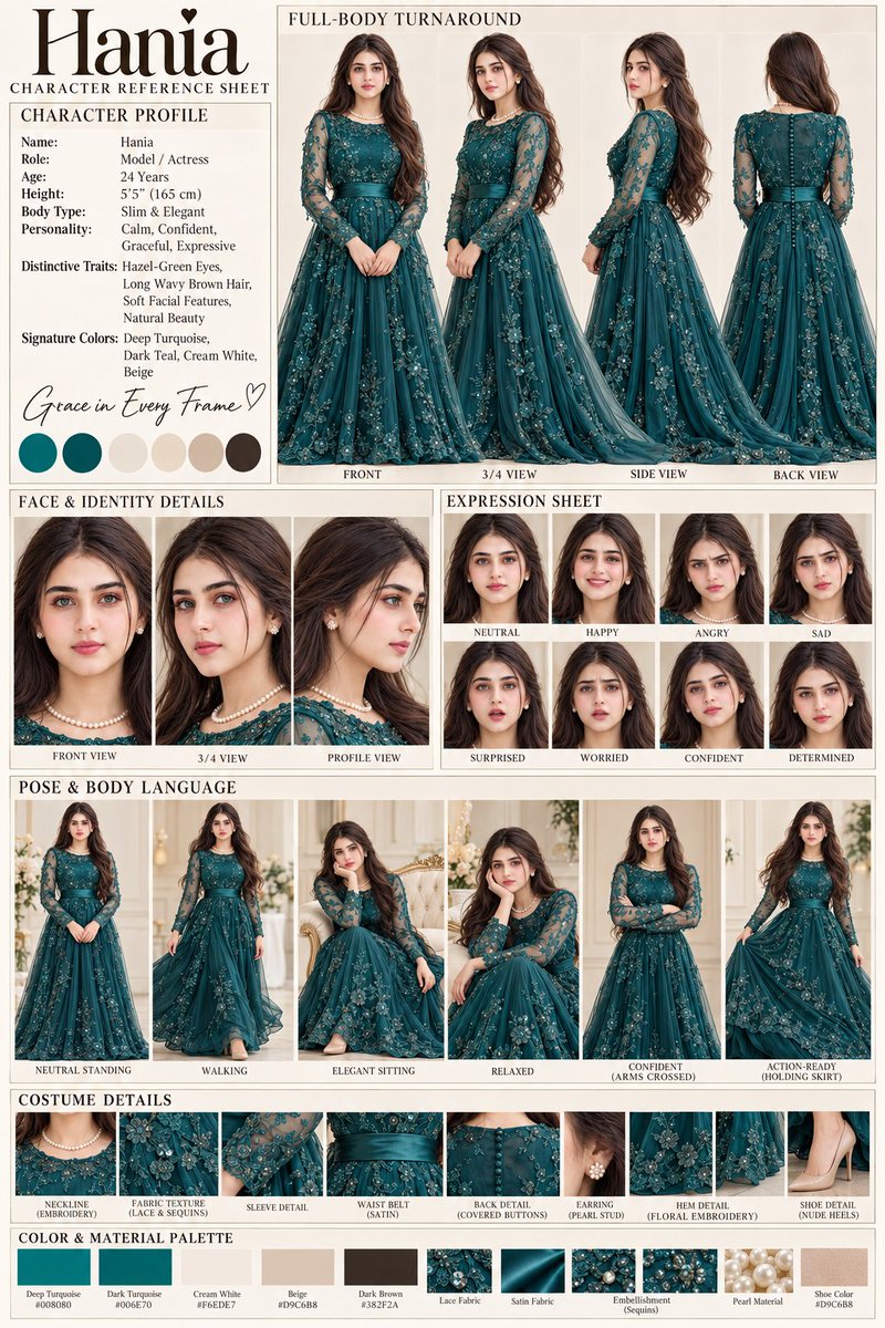 Elegant Model Seerat Shines in Turquoise Gown Character Sheet