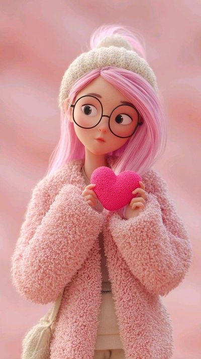 A girl in pink holds a heart under soft bokeh lights