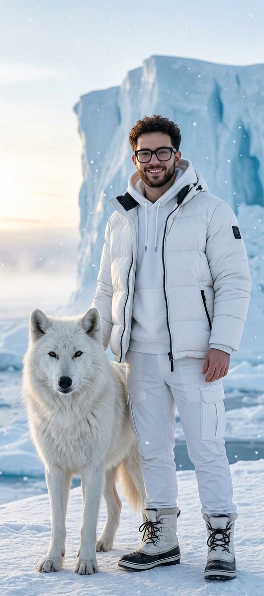Frostbitten Duo: Human & Wolf in a Chilling Arctic Realm
