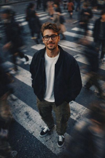 Urban Stillness: Cinematic Overhead Portrait Amid City Motion