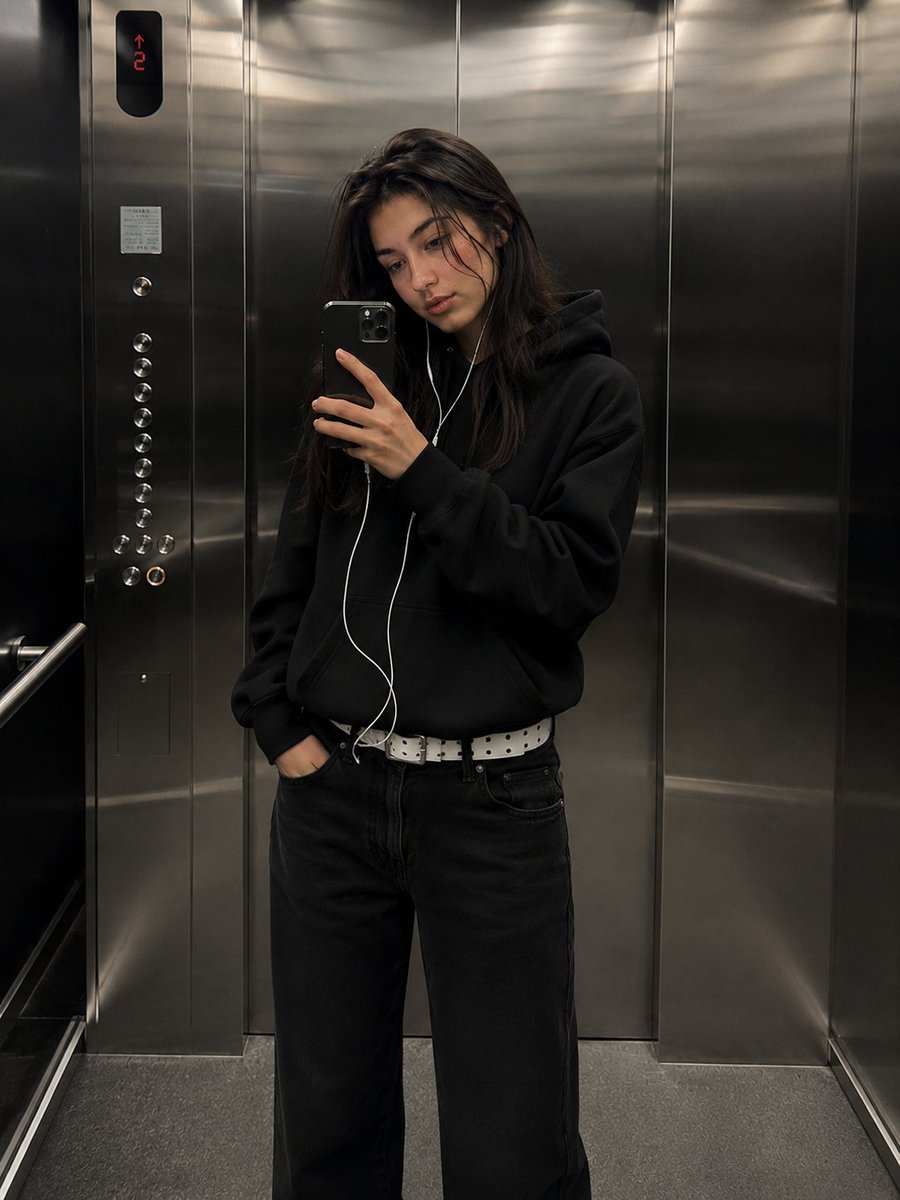A stylish woman captures a confident mirror selfie inside a modern elevator