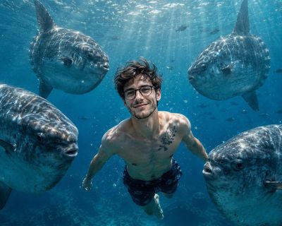 A smiling swimmer glides with giant sunfish in sunlit ocean.