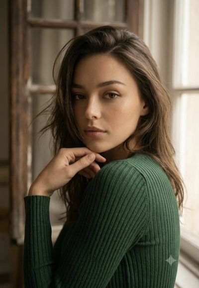 Woman in green sweater poses gracefully by sunlit window
