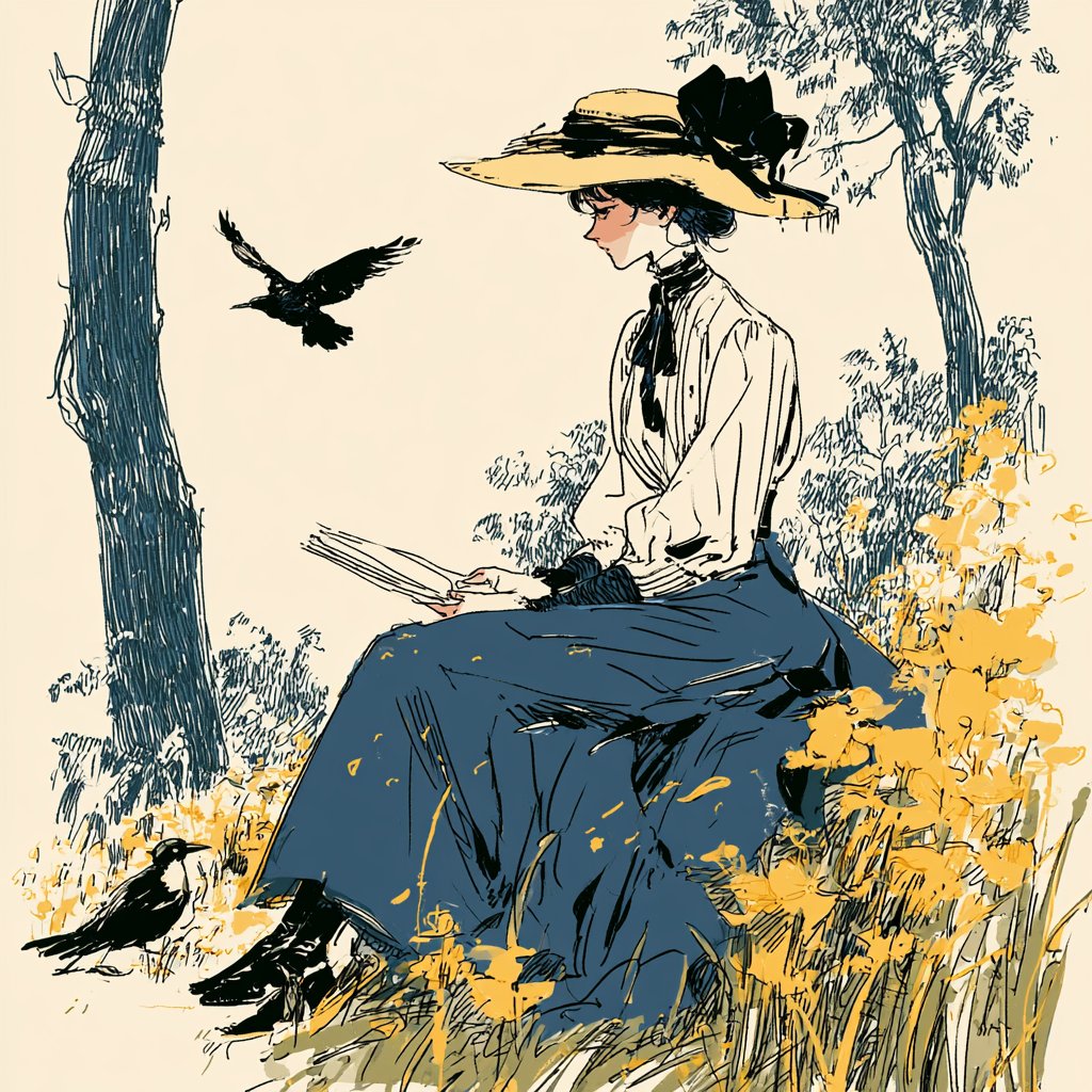 Vintage Edwardian fashion sketches with expressive ink lines and manga influence