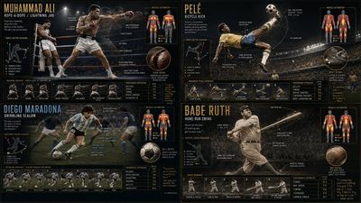 Grid of four GOAT athletes performing their signature moves in slow motion