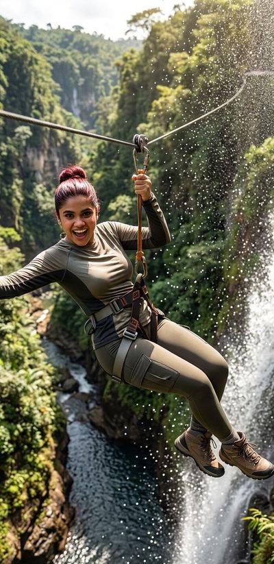 Woman ziplines over a tropical canyon with waterfall and mist