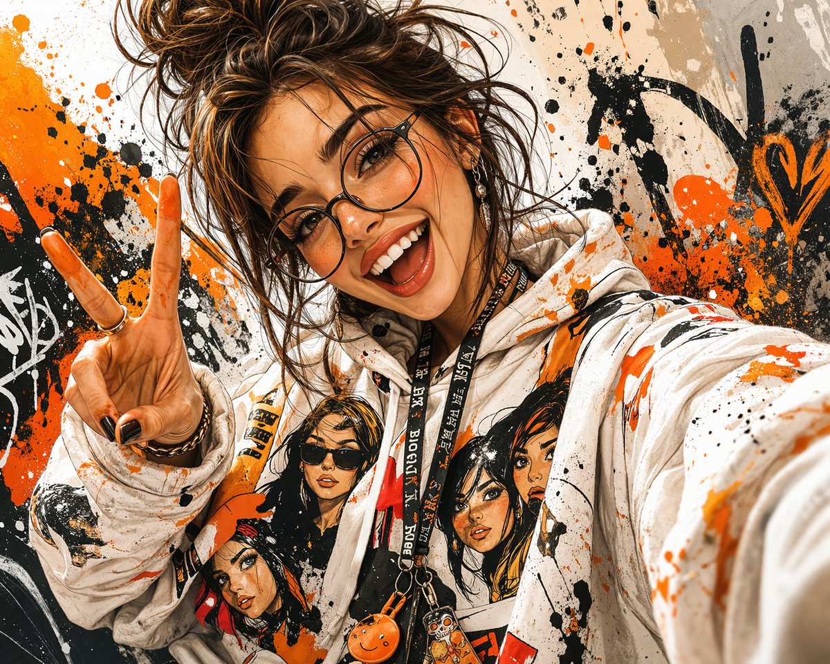 Energetic Portrait of a Young Woman in Vibrant Street Art Style