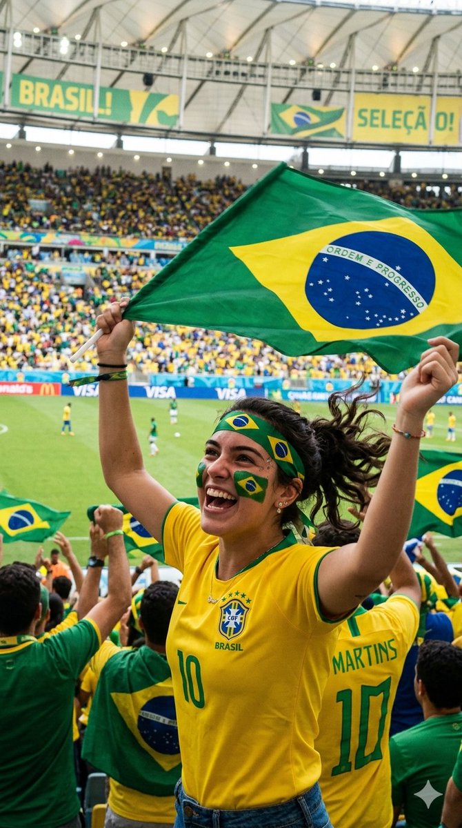 Brazilian fan cheers passionately at a packed soccer stadium