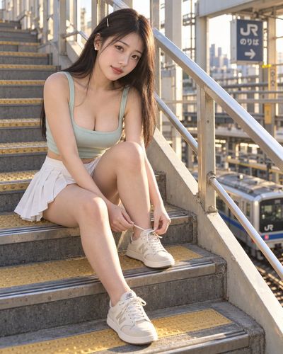 Young woman ties shoe on JR footbridge in golden afternoon light