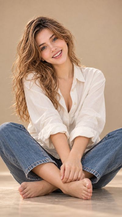 Radiant Woman Cross-Legged Barefoot Studio Portrait With Joyful Laughter