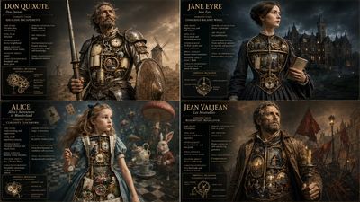 Four literary heroes displayed as luxury mechanical sculptures in grid