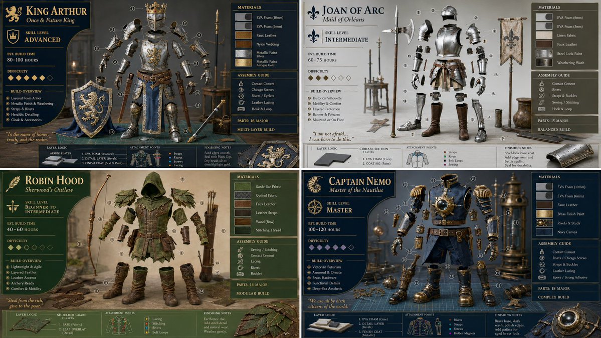 Four public domain characters display exploded cosplay armor maps in grid