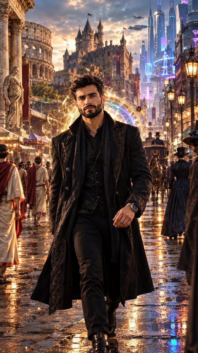Man Walks Through Overlapping Historical Eras in Surreal City
