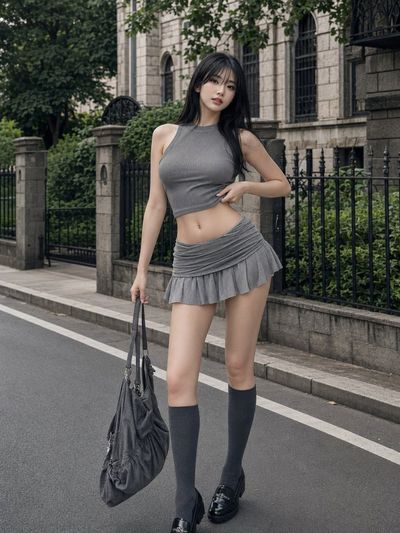 A Korean woman in grey crop top poses on urban sidewalk