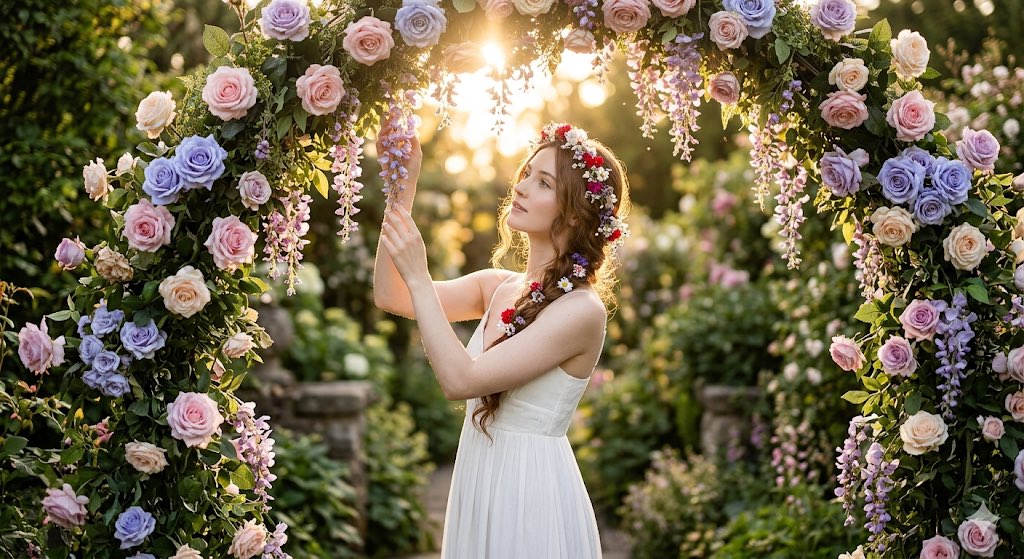 A woman in a white dress admires flowers under a golden arch