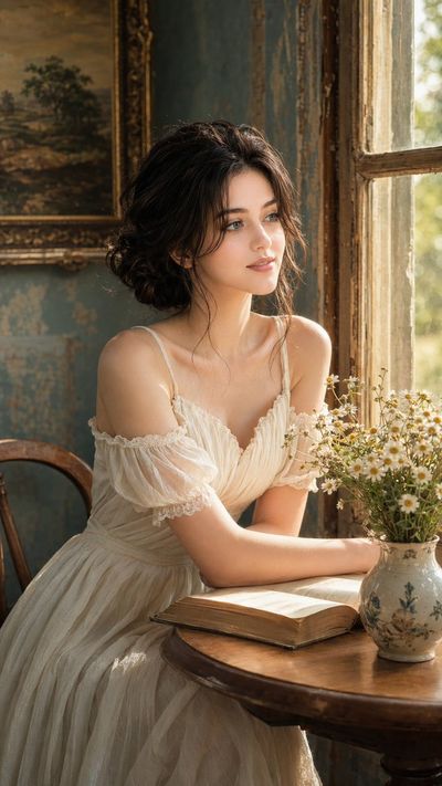 A woman dreaming by the window in vintage sunlight.