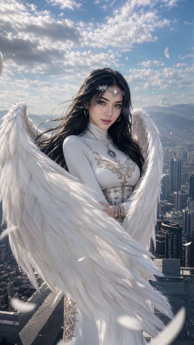 Angel with silver tiara overlooks sprawling city from rooftop