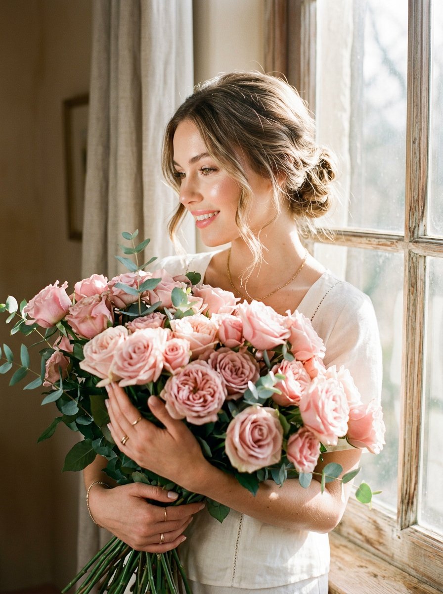 Woman Holding Pink Roses in Sunlight by a Window