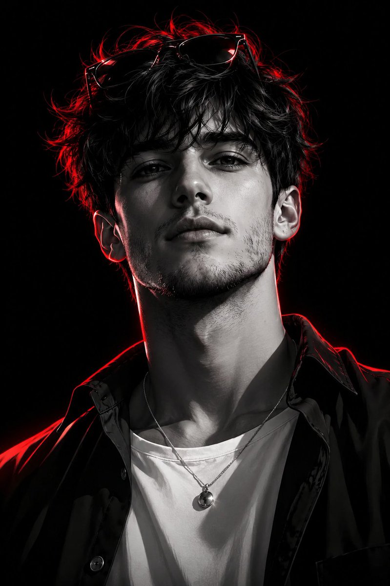 Low-angle portrait of a confident man with neon red rim lighting