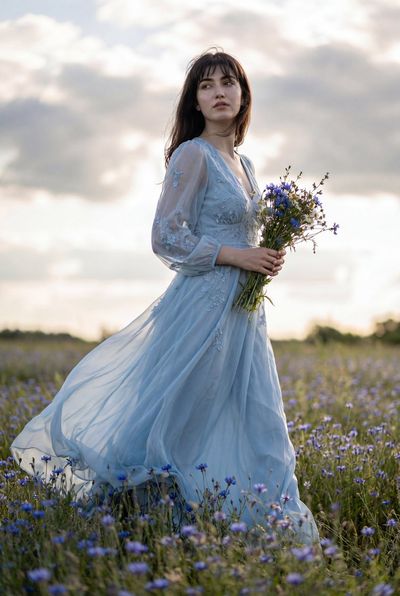 She walks through blue wildflowers in a flowing chiffon gown