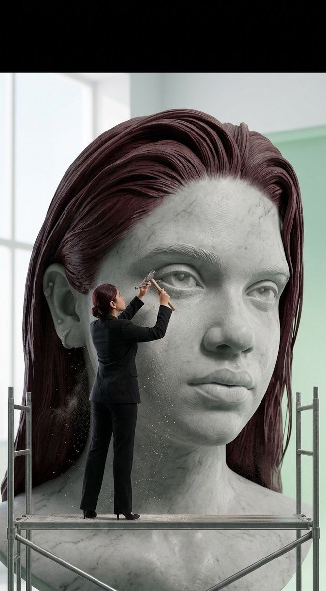 Woman carves her own stone likeness with hammer and chisel