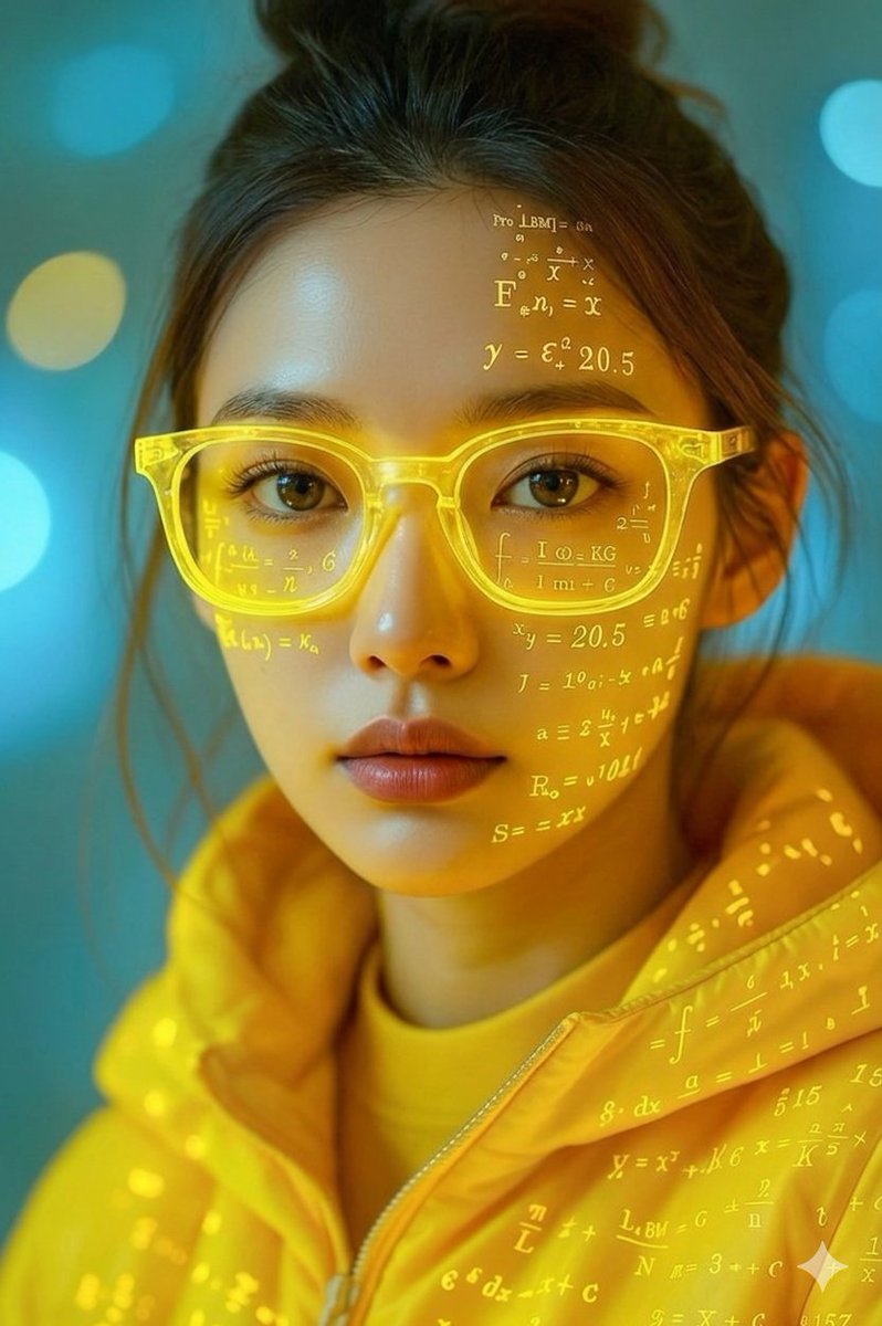 A woman with neon glasses wears glowing math equations on her face.