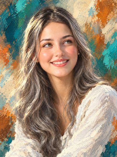Silver-haired woman gazes upward in soft oil-painted portrait