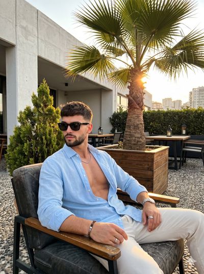 Man in wayfarer sunglasses relaxes on patio at golden hour