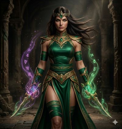 Warrior Sorceress Wields Glowing Daggers in Ancient Temple