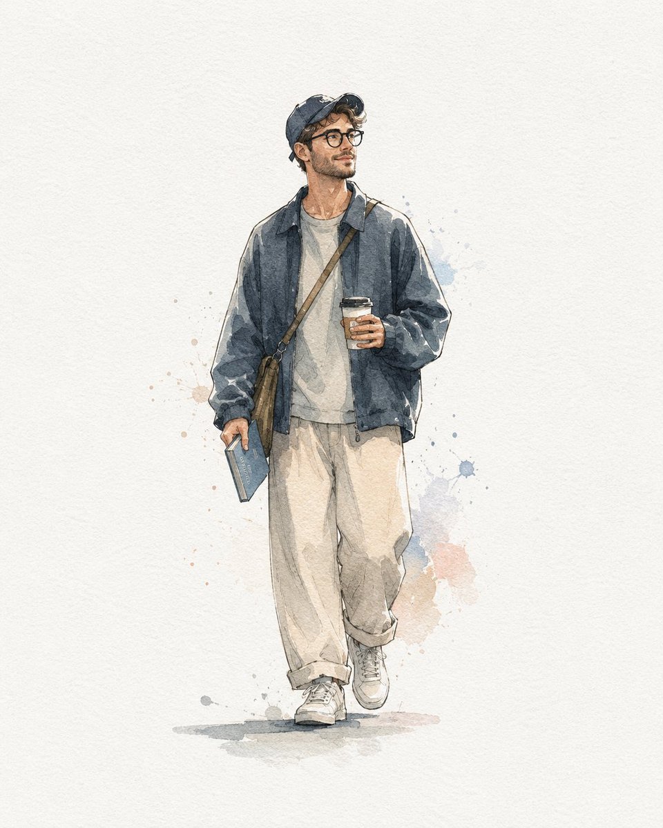 A stylish young man walks confidently holding coffee and a book.
