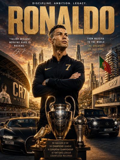 Cristiano Ronaldo stands confident in futuristic golden city for epic poster