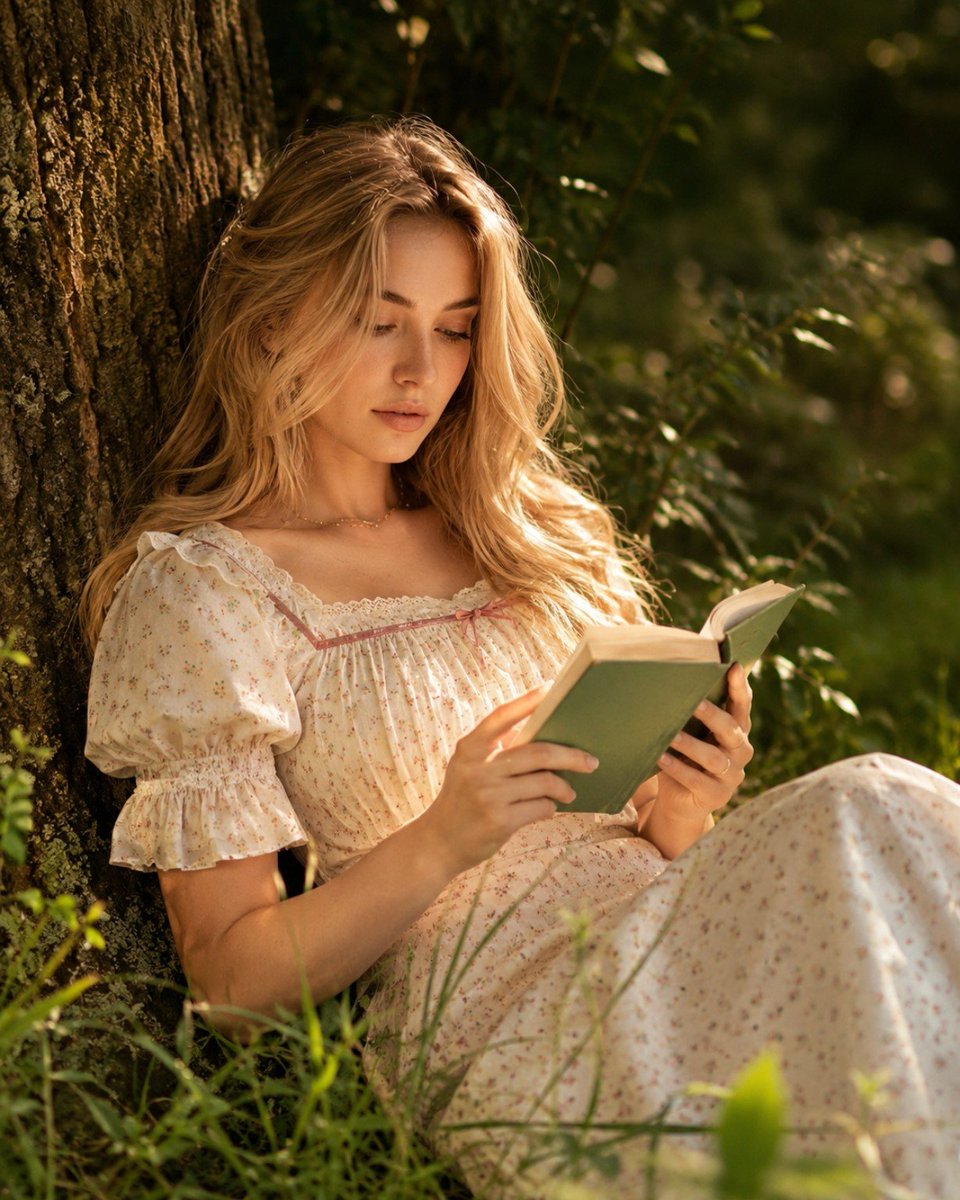 A young woman reads a sage-green book in golden woodland light