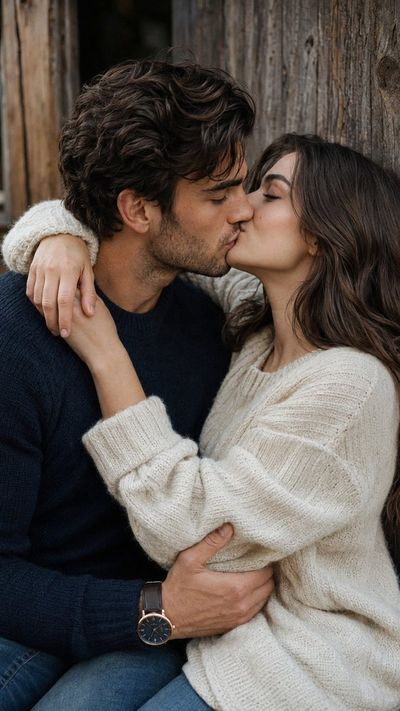 A couple shares a tender kiss against a rustic wall.