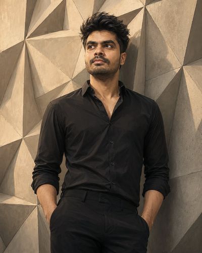 Confident man in black shirt leans against geometric concrete wall
