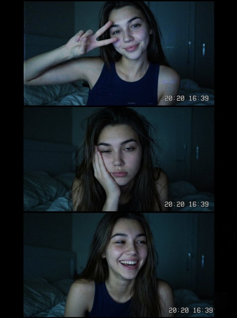 Three nostalgic webcam frames capture a girl's cozy late-night mood