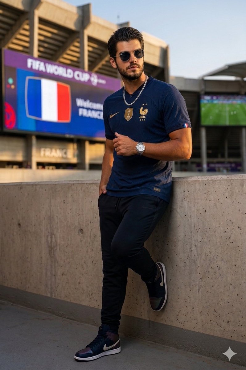Man in France jersey leans against stadium barrier with intense gaze