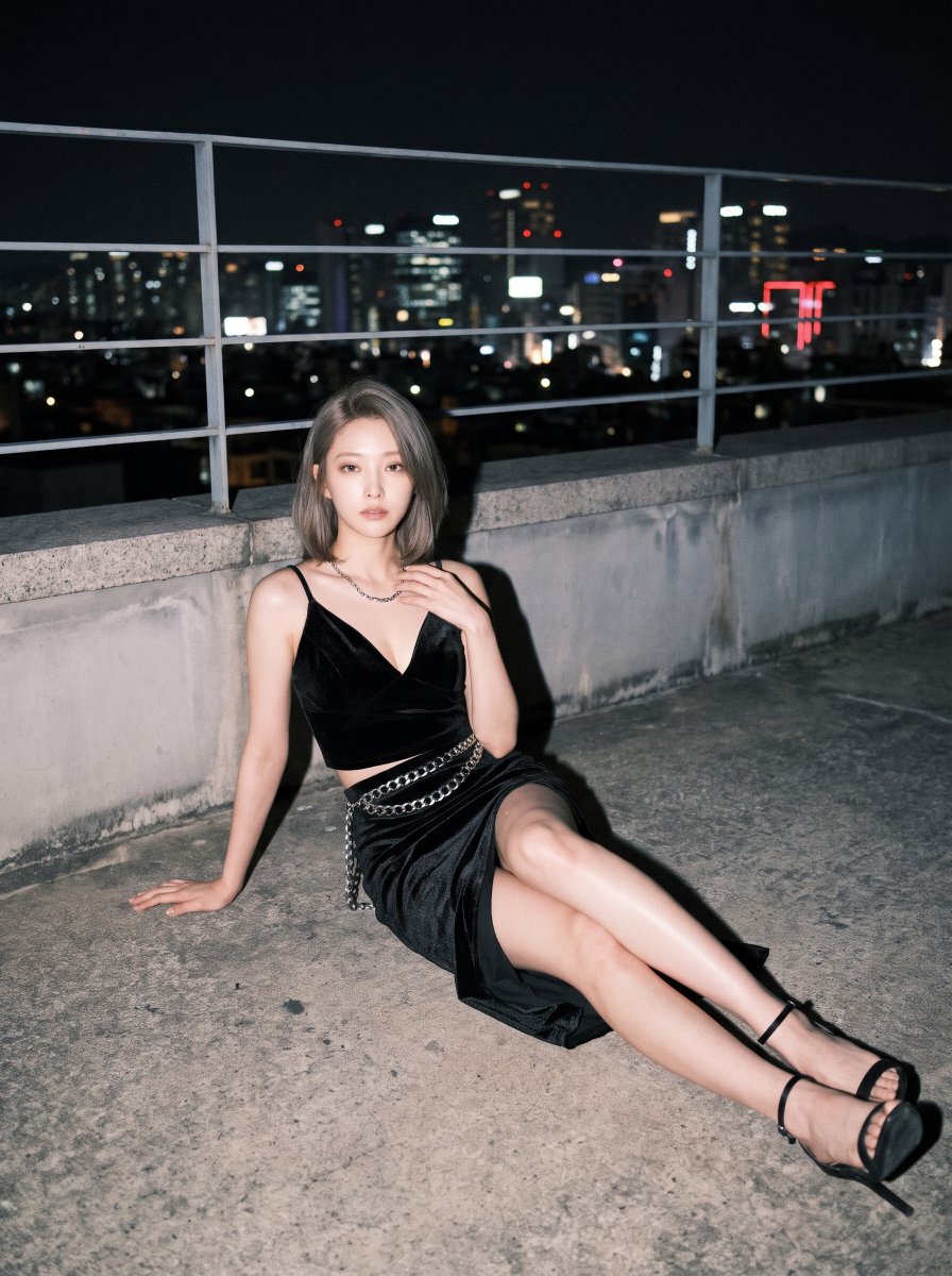 Woman in black velvet poses under hard flash on a rooftop at night.