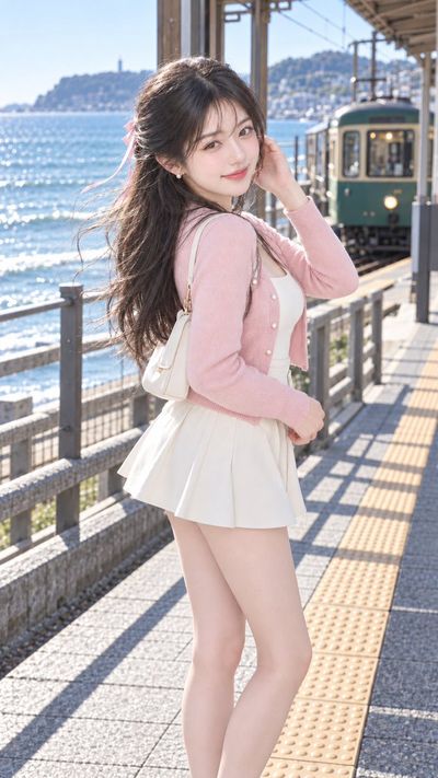 Young woman in pink cardigan turns back at seaside tram station