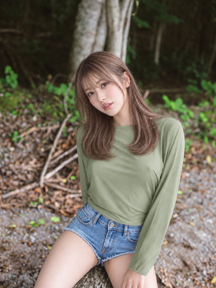 Woman in sage top sits on stone beneath a thick tree trunk