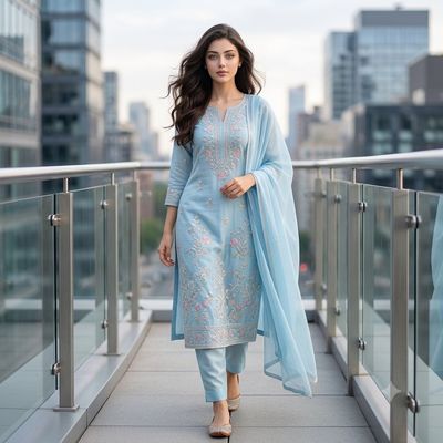 South Asian woman in sky-blue salwar walks toward camera on rooftop