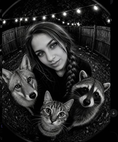 Woman and wild animals gather under fairy lights at night