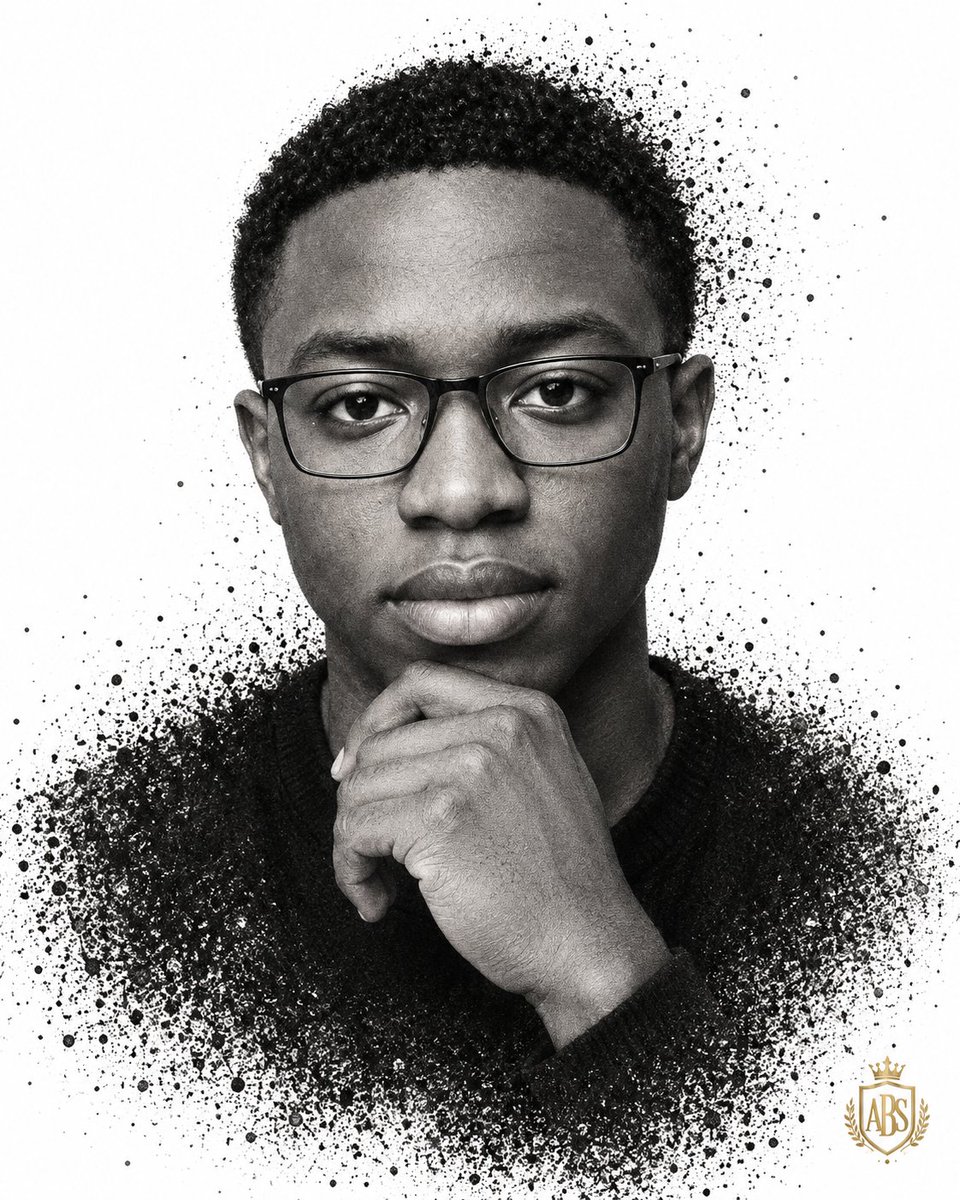 Man's face dissolves into ink particles in monochrome portrait