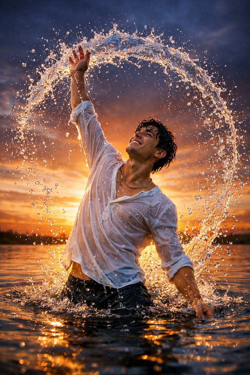 Sunset Splash: Cinematic Portrait of Youth in Motion