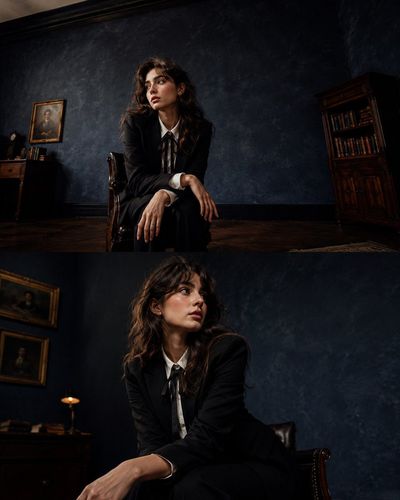 A woman in a black blazer sits elegantly in a vintage chair.