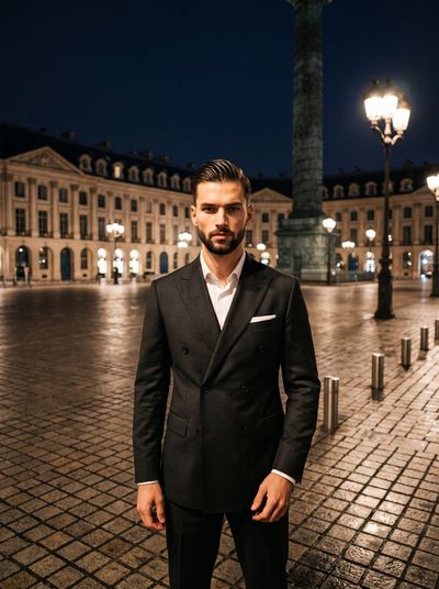 Night Portrait: Man in Double-Breasted Suit Under Urban Lights