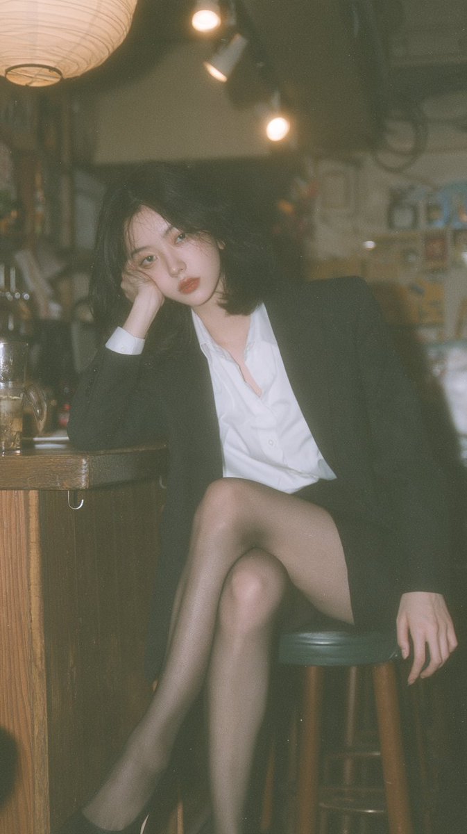 Woman in Office Attire Sits at Izakaya Counter with Amber Lighting