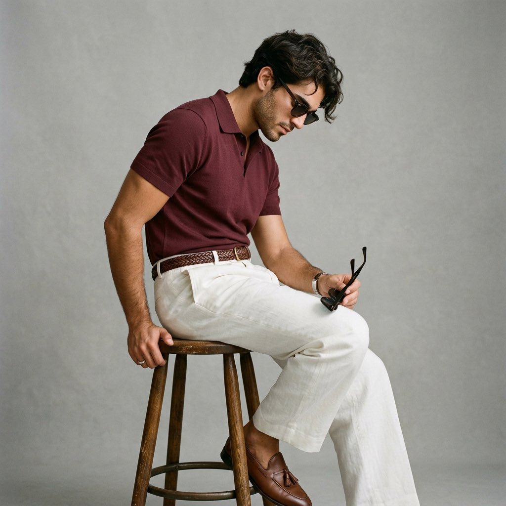 Young man leans forward in maroon polo and cream trousers